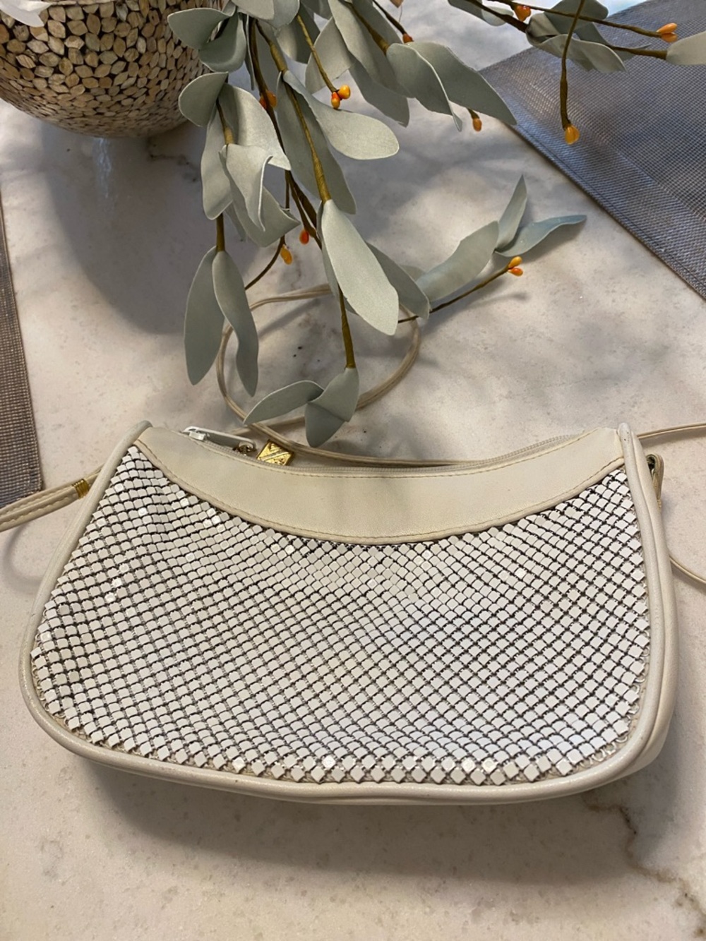 Vintage Whiting & Davis White Woven Crossbody Bag - Classic Minimalist Style
